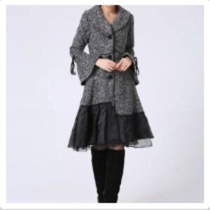 A-line Black/Grey Wool Blend Lined Coat Bell Cuffs, Ruffle Trim Hem